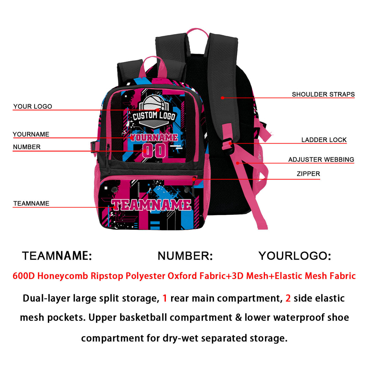 Custom Black Rose Red Blue Basketball Soccer Backpack Personalized Player Names Numbers Team Logo #BB-0919-0003