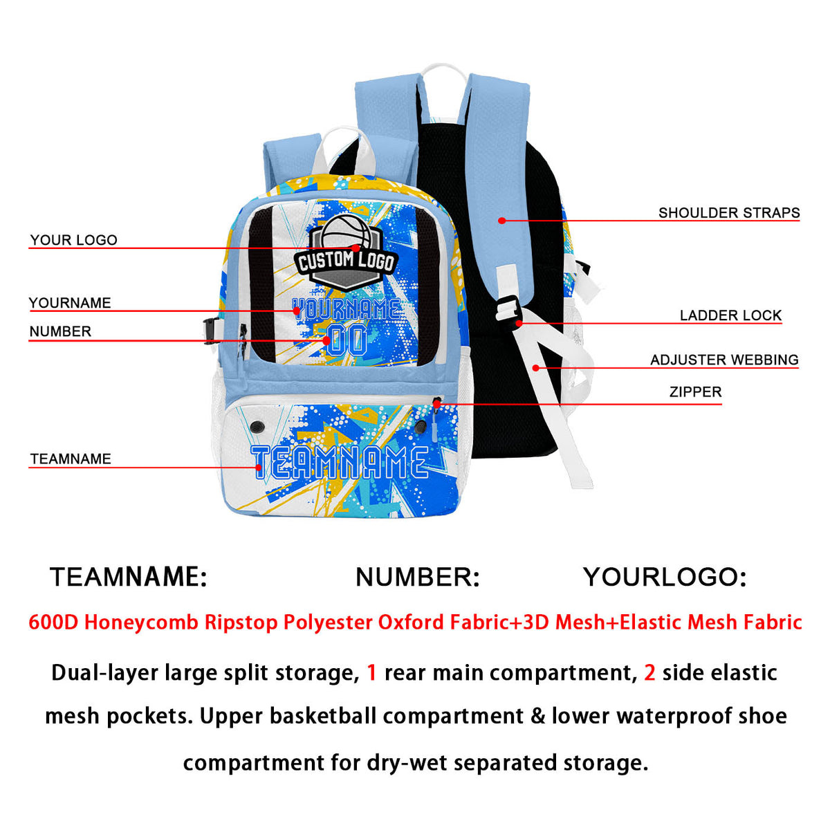 Custom Blue White Yellow Basketball Soccer Backpack Personalized Player Names Numbers Team Logo #BB-0919-0007