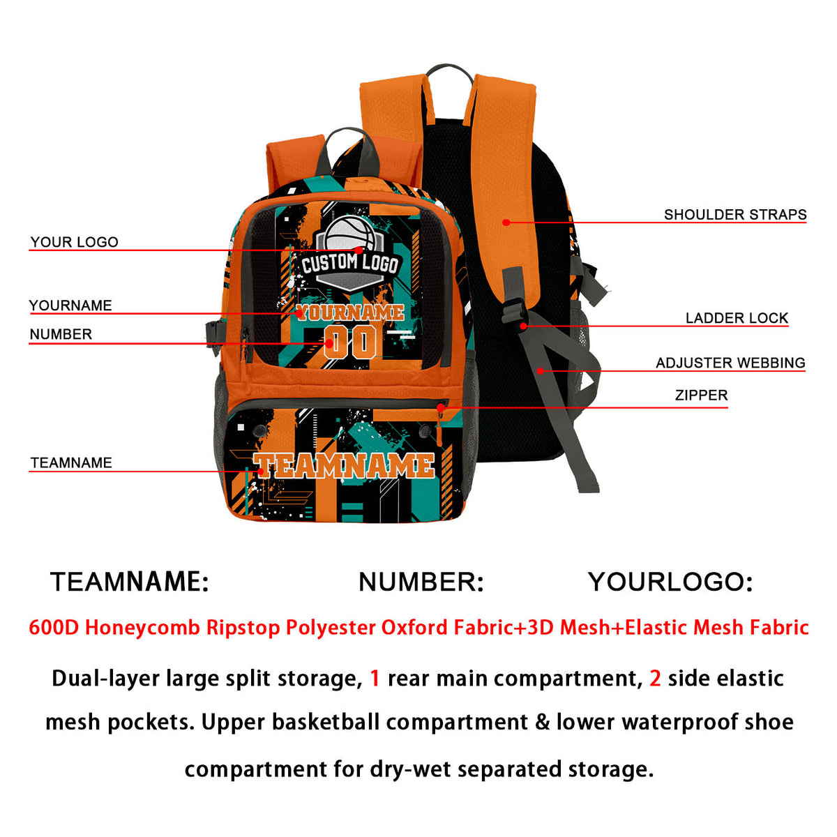 Custom Orange Black Cyan Basketball Soccer Backpack Personalized Player Names Numbers Team Logo #BB-0919-0024