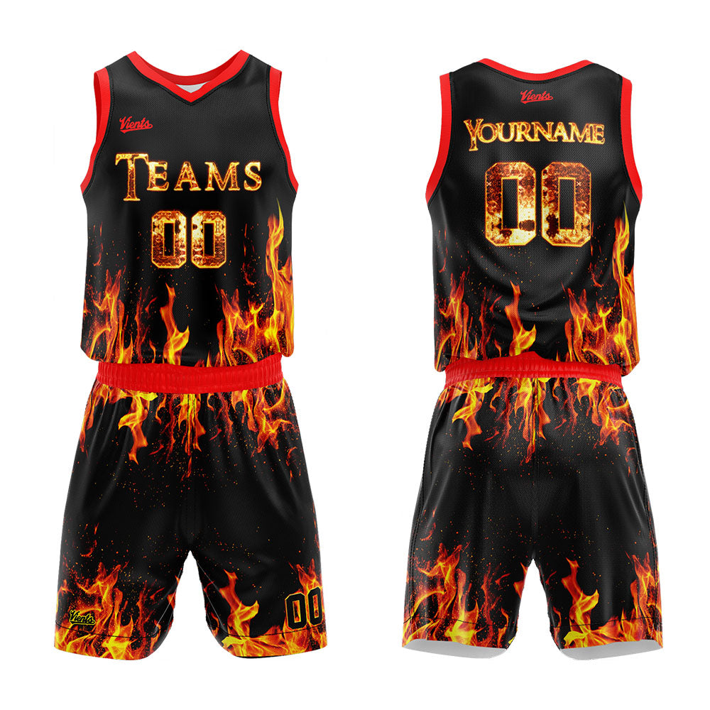 Custom Made Basketball Uniforms Unique Fire Design Mens/Youth