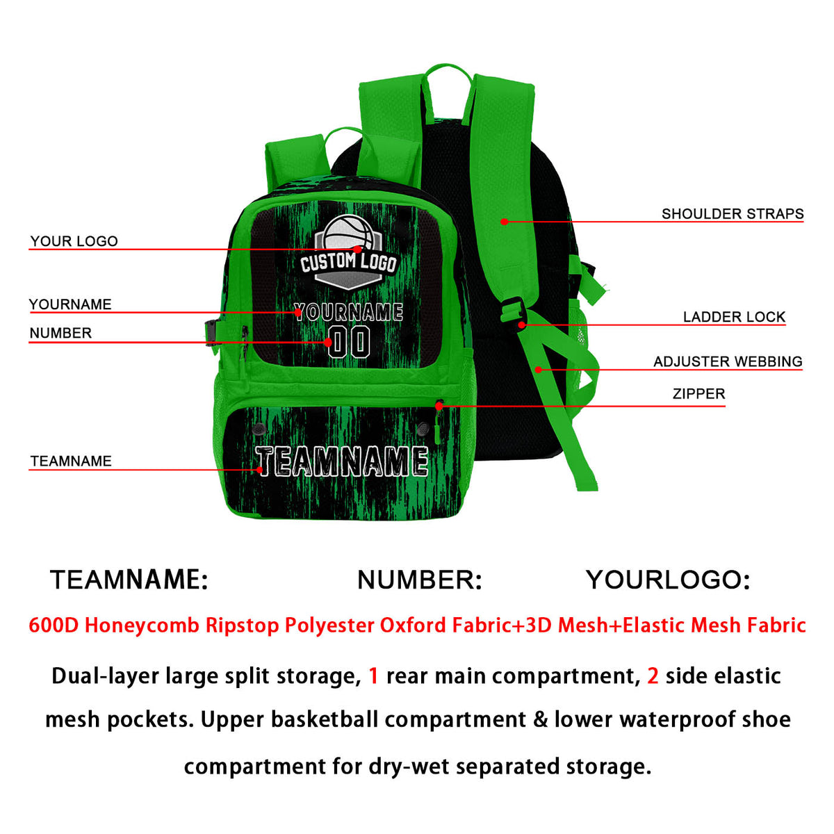 Custom Green Black Basketball Soccer Backpack Personalized Player Names Numbers Team Logo #BB-0919-0016