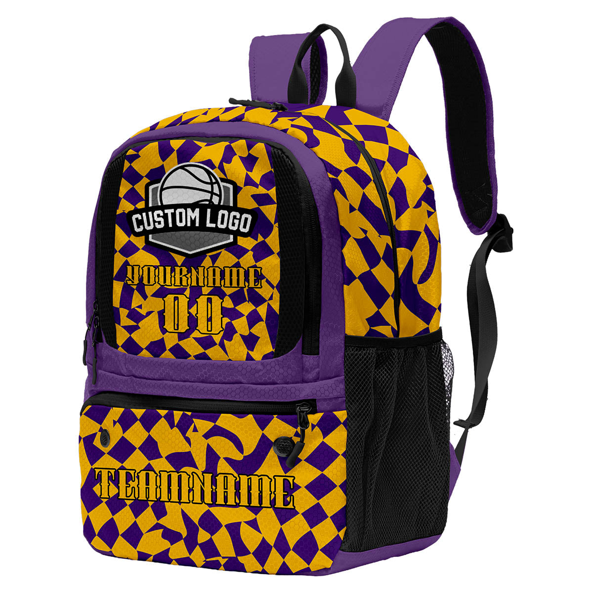 Custom Purple Bright Yellow Basketball Soccer Backpack Personalized Player Names Numbers Team Logo #BB-0919-0031