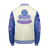 Custom White Blue Purple Letterman Varsity Jacket Personalized Embroidery Printing