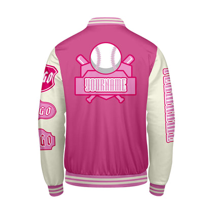 Custom Pink White Letterman Varsity Jacket Personalized Embroidery Printing