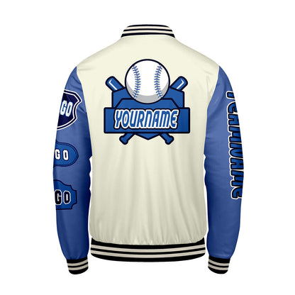 Custom White Blue Letterman Varsity Jacket Personalized Embroidery Printing