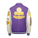 Custom Purple Yellow Letterman Varsity Jacket Personalized Embroidery Printing