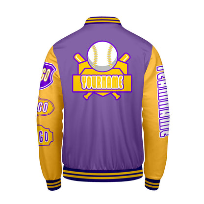 Custom Purple Yellow Letterman Varsity Jacket Personalized Embroidery Printing