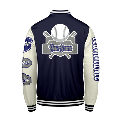 Custom Navy White Letterman Varsity Jacket Personalized Embroidery Printing