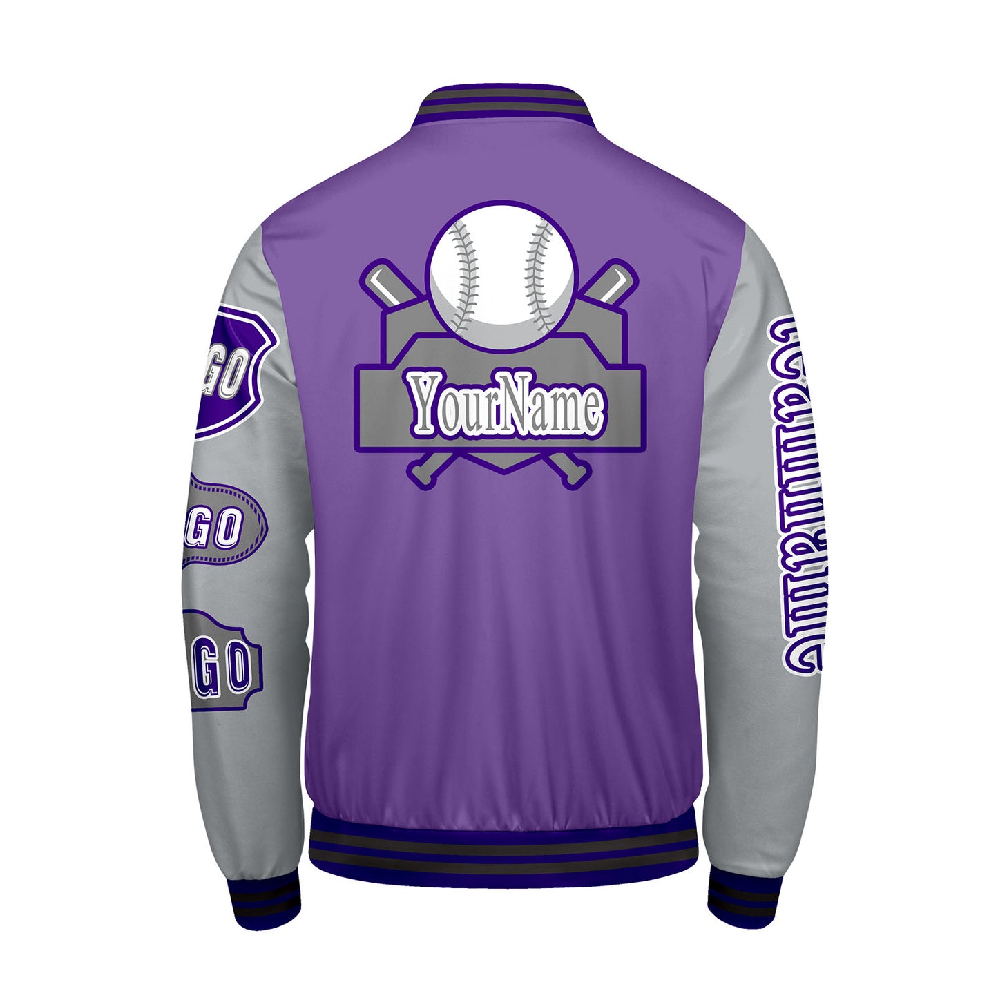 Custom Purple Grey Letterman Varsity Jacket Personalized Embroidery Printing