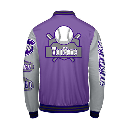 Custom Purple Grey Letterman Varsity Jacket Personalized Embroidery Printing