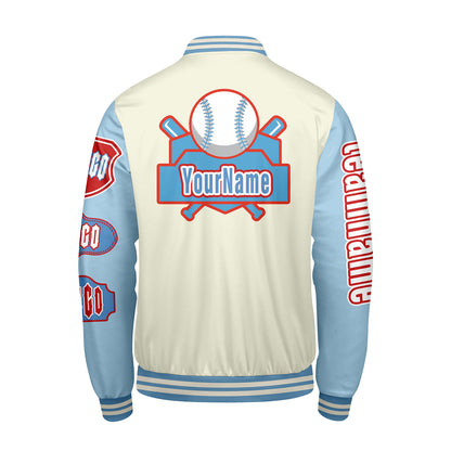 Custom White Blue Letterman Varsity Jacket Personalized Embroidery Printing