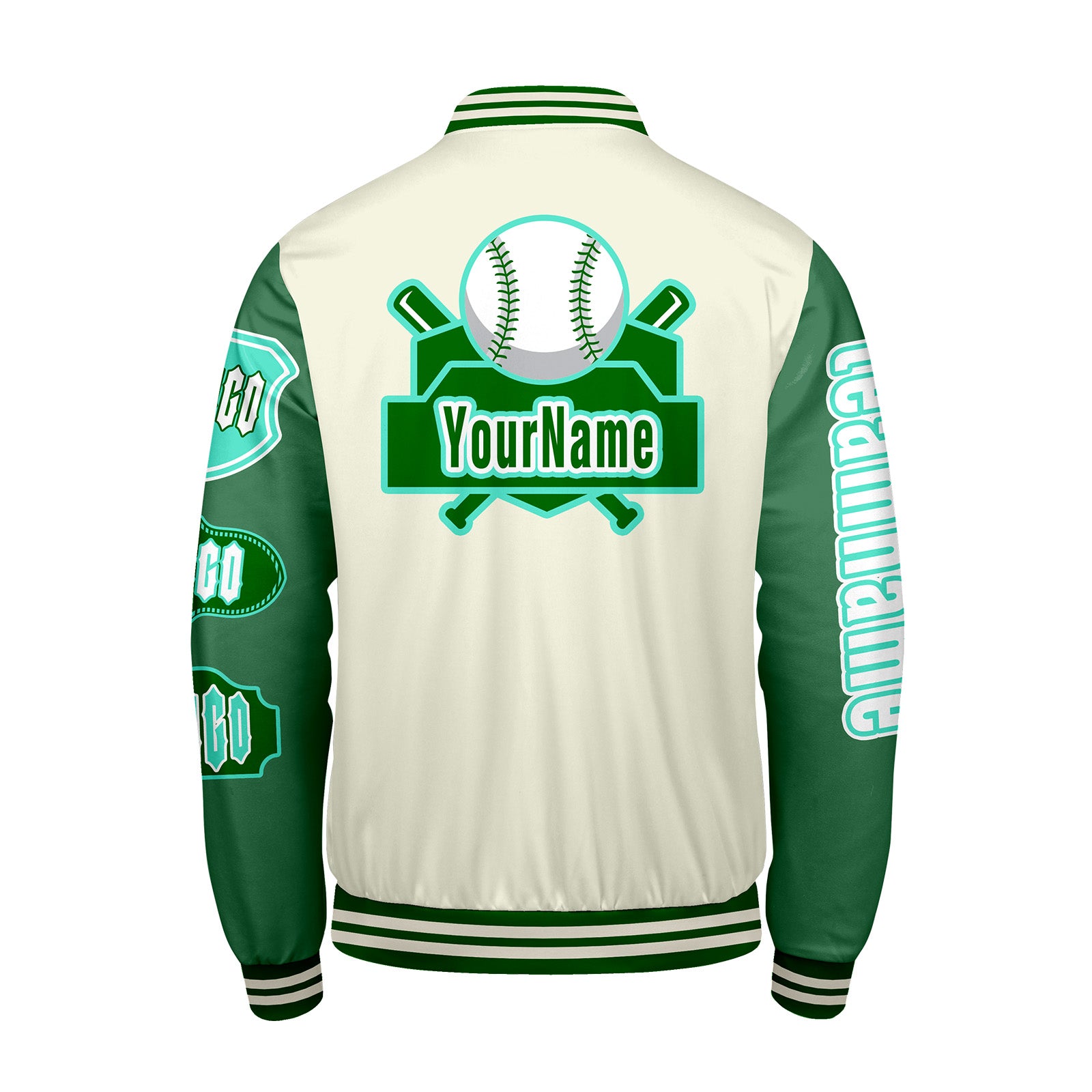 Custom White Green Letterman Varsity Jacket Personalized Embroidery Printing