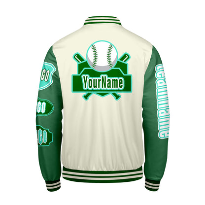 Custom White Green Letterman Varsity Jacket Personalized Embroidery Printing