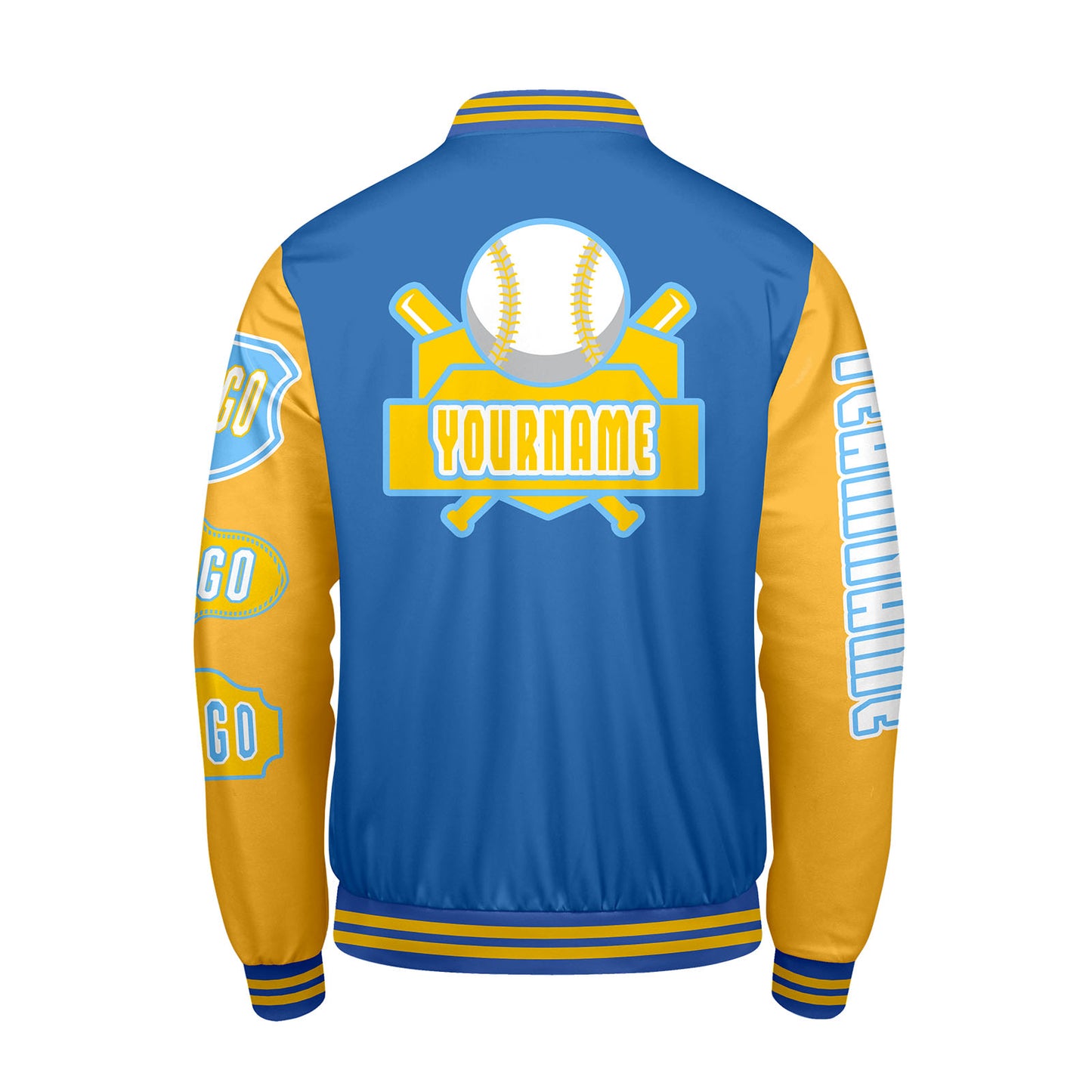 Custom Blue Yellow Letterman Varsity Jacket Personalized Embroidery Printing