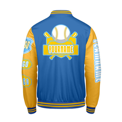 Custom Blue Yellow Letterman Varsity Jacket Personalized Embroidery Printing