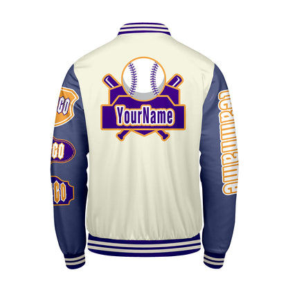 Custom White Purple Letterman Varsity Jacket Personalized Embroidery Printing