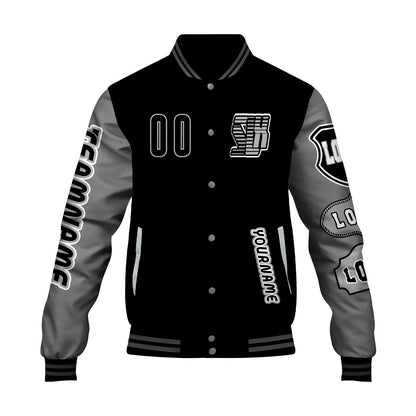 Custom Black Grey Letterman Varsity Jacket Personalized Embroidery Printing