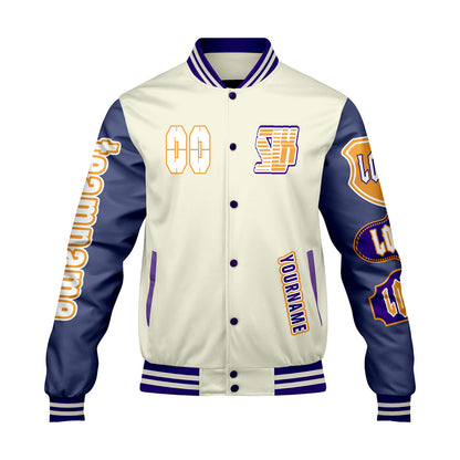 Custom White Purple Letterman Varsity Jacket Personalized Embroidery Printing