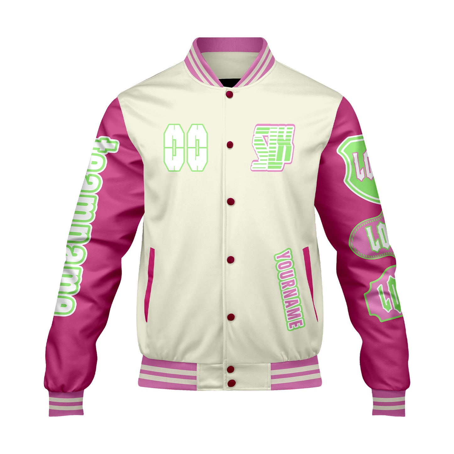 Custom White Pink Letterman Varsity Jacket Personalized Embroidery Printing