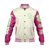 Custom White Pink Letterman Varsity Jacket Personalized Embroidery Printing
