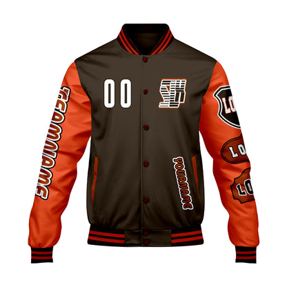 Custom Brown Orange Letterman Varsity Jacket Personalized Embroidery Printing