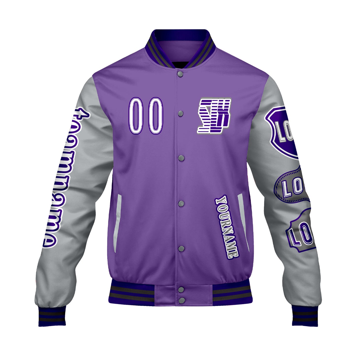 Custom Purple Grey Letterman Varsity Jacket Personalized Embroidery Printing
