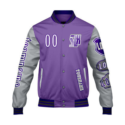 Custom Purple Grey Letterman Varsity Jacket Personalized Embroidery Printing