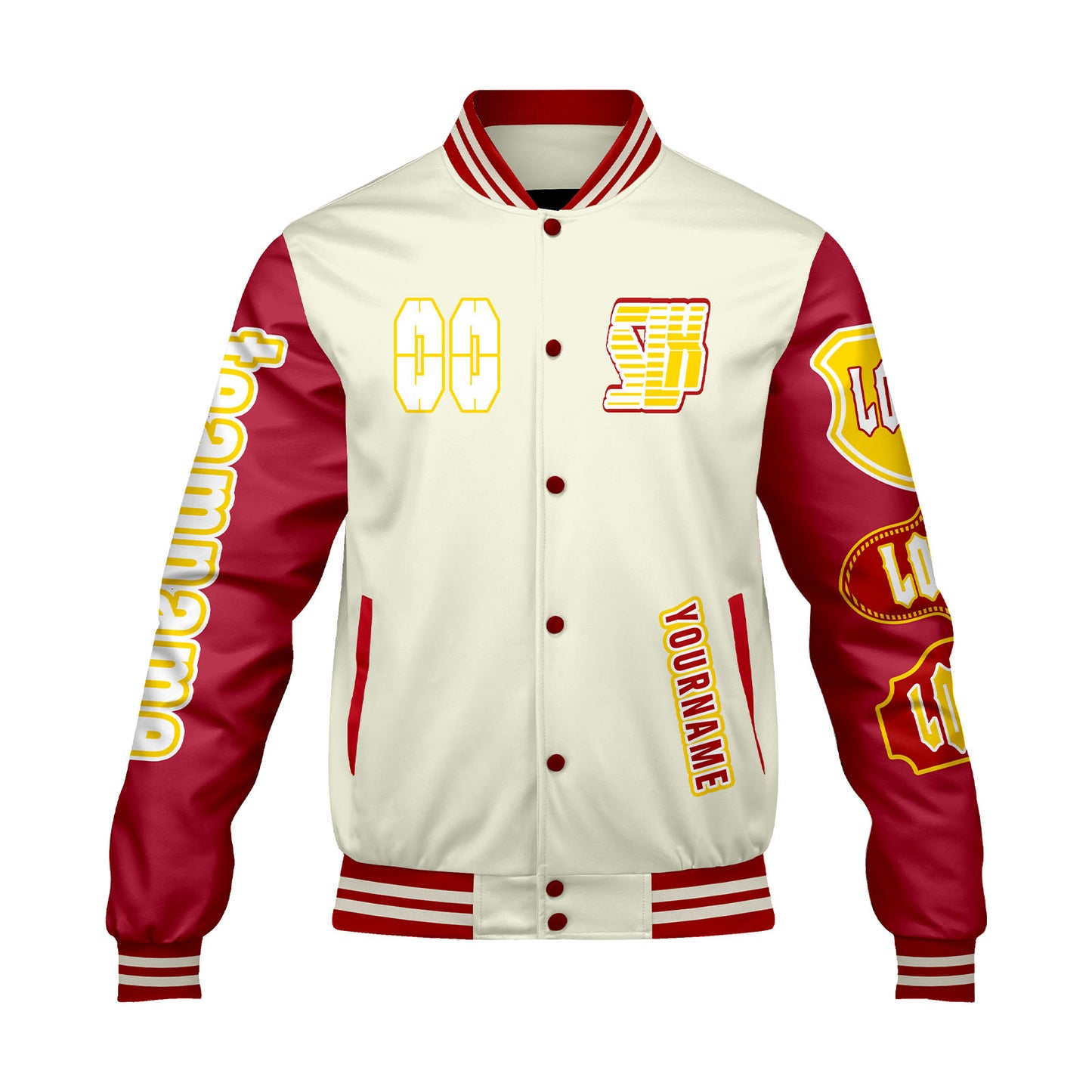Custom White Red Letterman Varsity Jacket Personalized Embroidery Printing