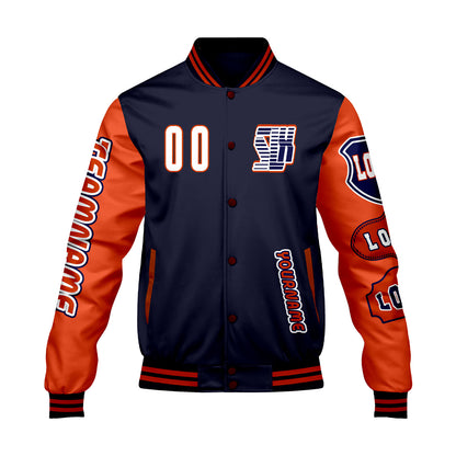 Custom Navy Orange Letterman Varsity Jacket Personalized Embroidery Printing