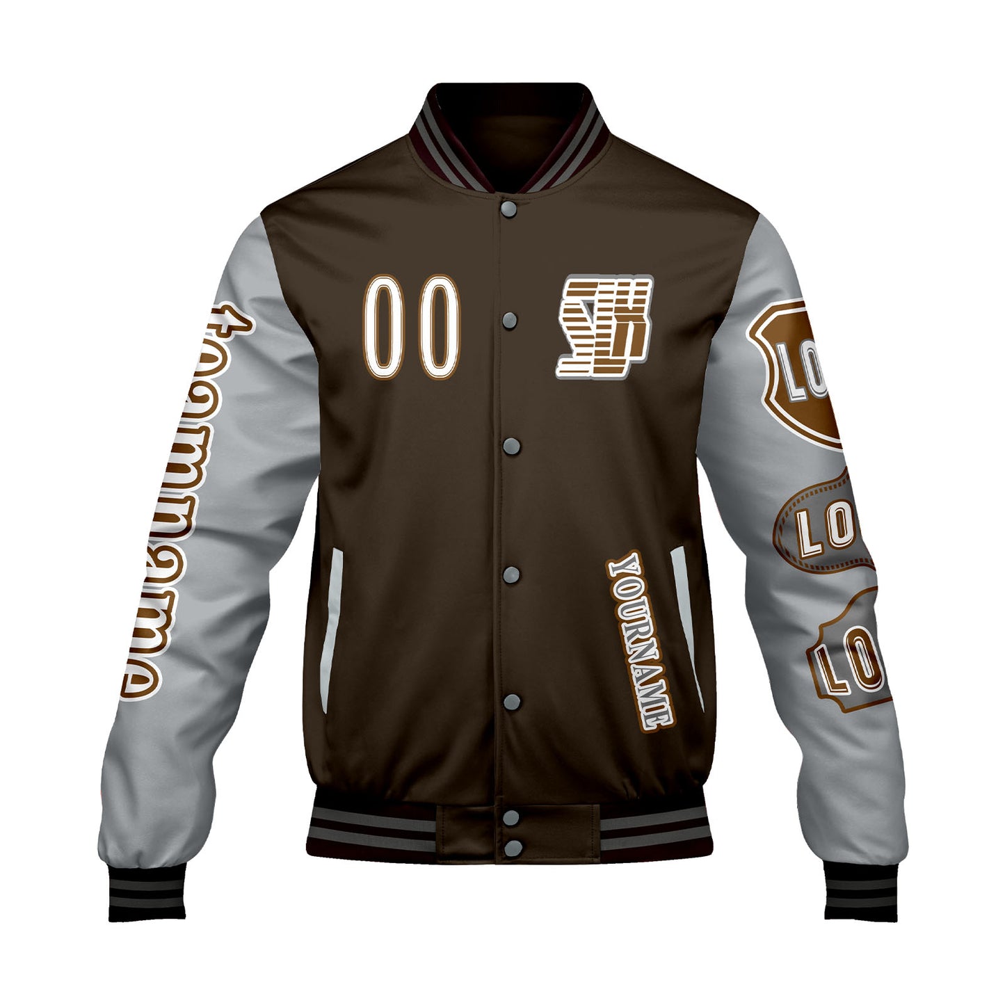Custom Brown Grey Letterman Varsity Jacket Personalized Embroidery Printing
