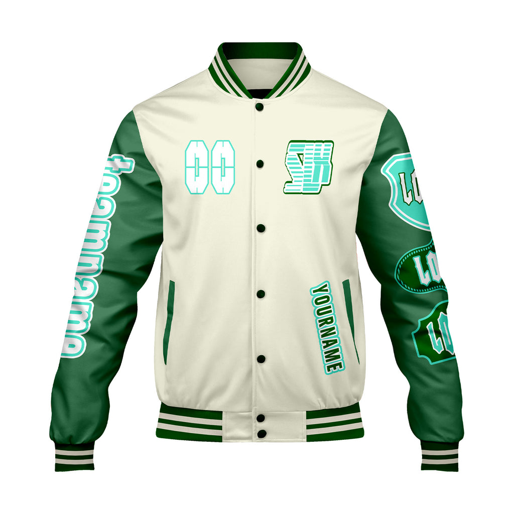 Custom White Green Letterman Varsity Jacket Personalized Embroidery Printing