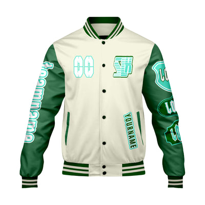 Custom White Green Letterman Varsity Jacket Personalized Embroidery Printing