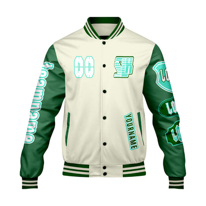 Custom White Green Letterman Varsity Jacket Personalized Embroidery Printing