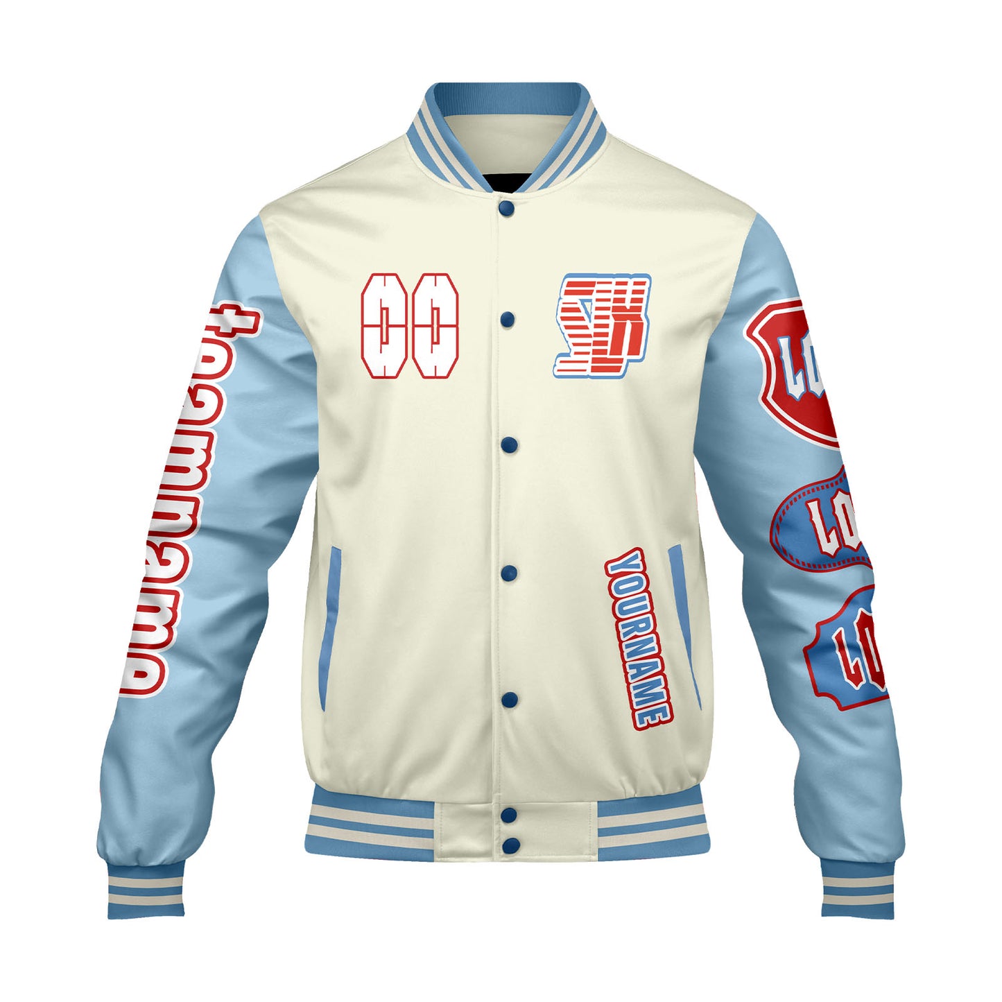 Custom White Blue Letterman Varsity Jacket Personalized Embroidery Printing