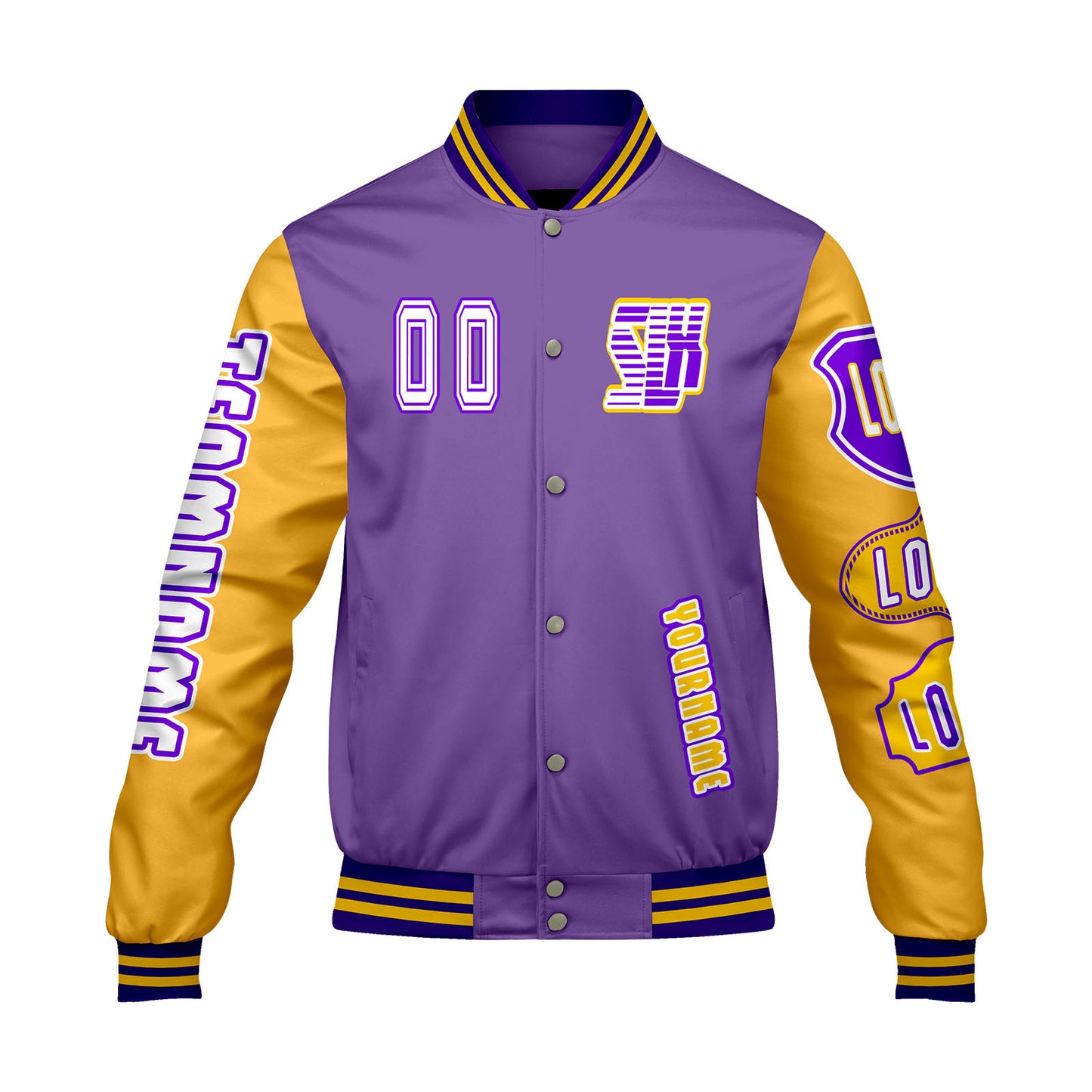 Custom Purple Yellow Letterman Varsity Jacket Personalized Embroidery Printing
