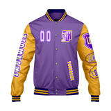 Custom Purple Yellow Letterman Varsity Jacket Personalized Embroidery Printing