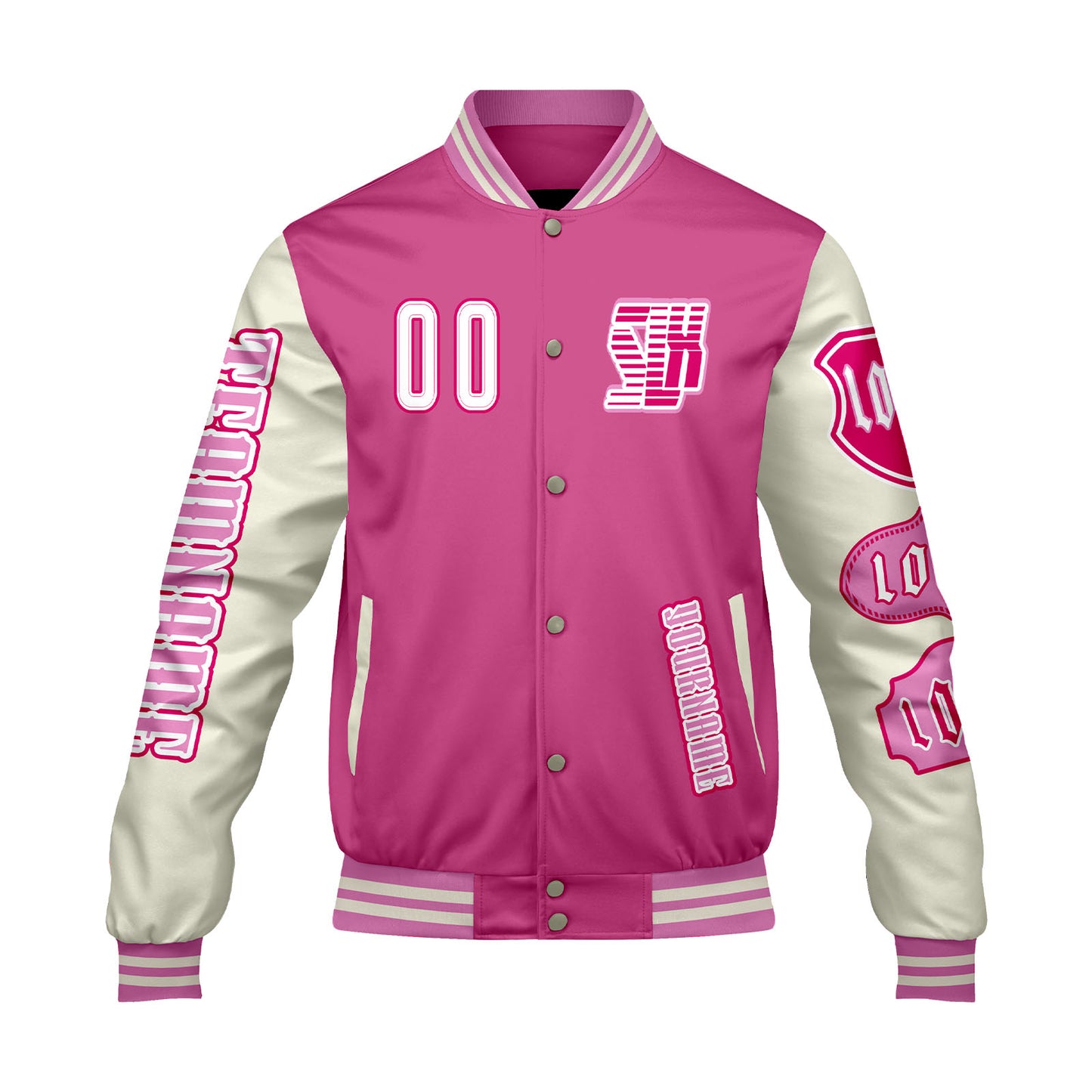 Custom Pink White Letterman Varsity Jacket Personalized Embroidery Printing