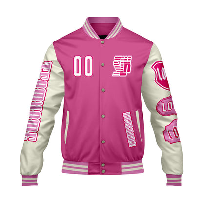 Custom Pink White Letterman Varsity Jacket Personalized Embroidery Printing