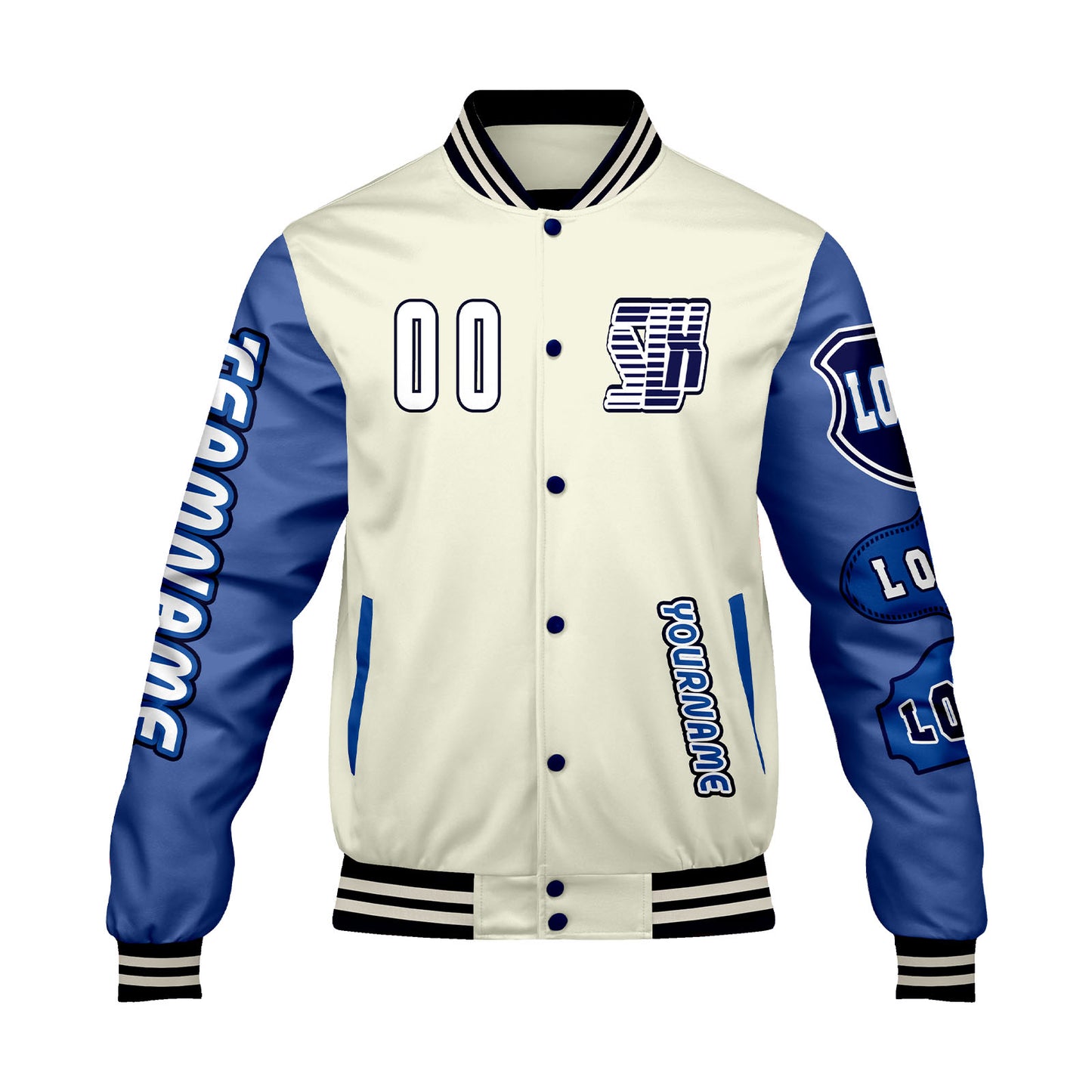 Custom White Blue Letterman Varsity Jacket Personalized Embroidery Printing