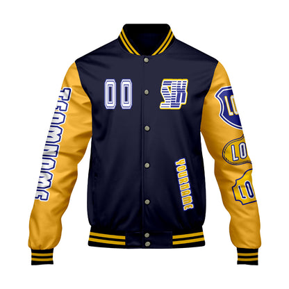 Custom Navy Yellow Letterman Varsity Jacket Personalized Embroidery Printing