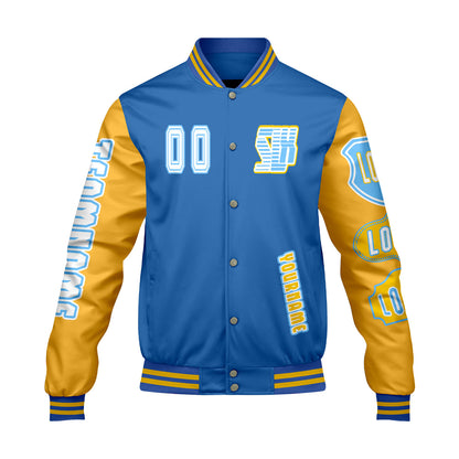 Custom Blue Yellow Letterman Varsity Jacket Personalized Embroidery Printing