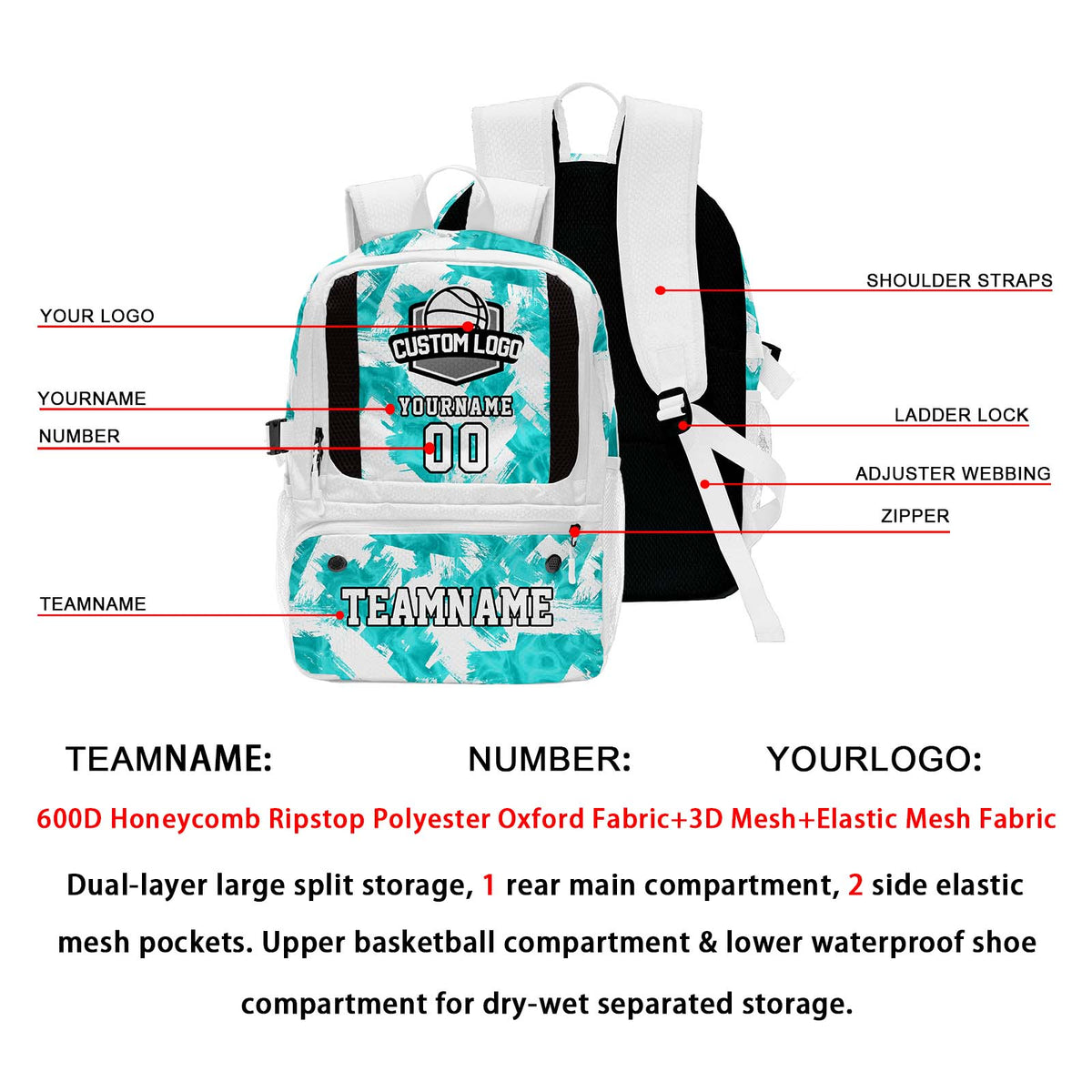 Custom White Basketball Soccer Backpack Personalized Player Names - Numbers & Team Logo #150-BP-0914-0024