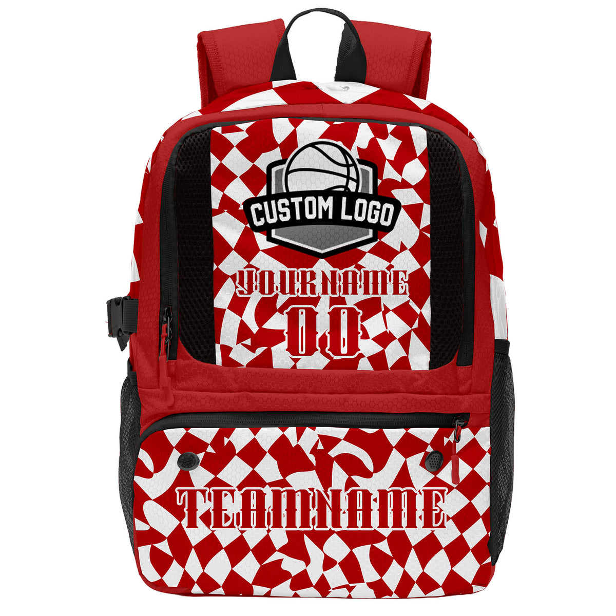 Custom Red White Basketball Soccer Backpack Personalized Player Names Numbers Team Logo #BB-0919-0033