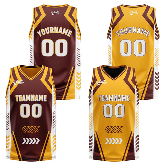Custom Brown Yellow Reversible Basketball Suit for Adults and Kids Personalized Jersey
