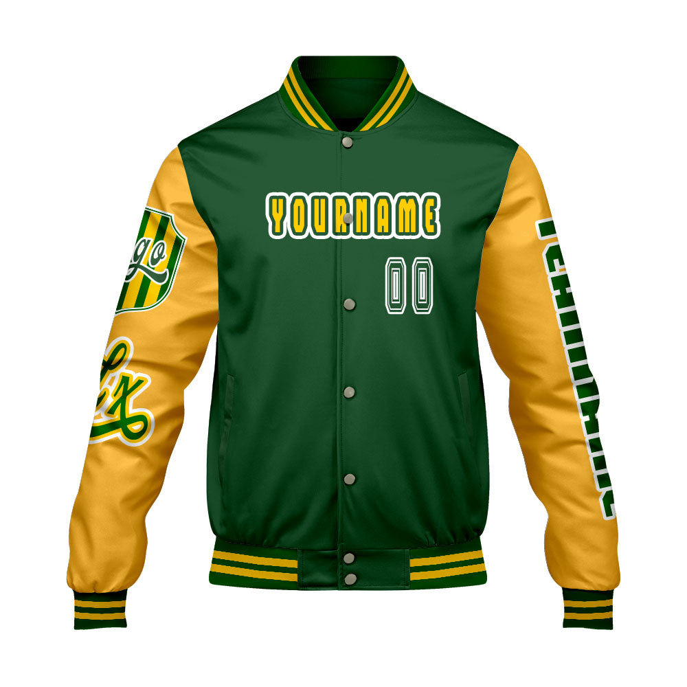 Custom Green Yellow Letterman Varsity Jacket Personalized Embroidery Printing