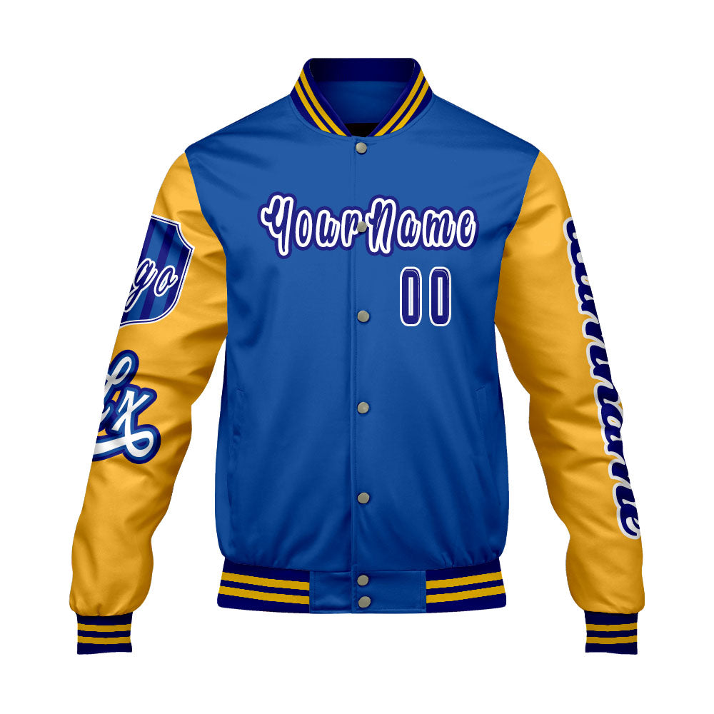 Custom Blue Yellow Letterman Varsity Jacket Personalized Embroidery Printing
