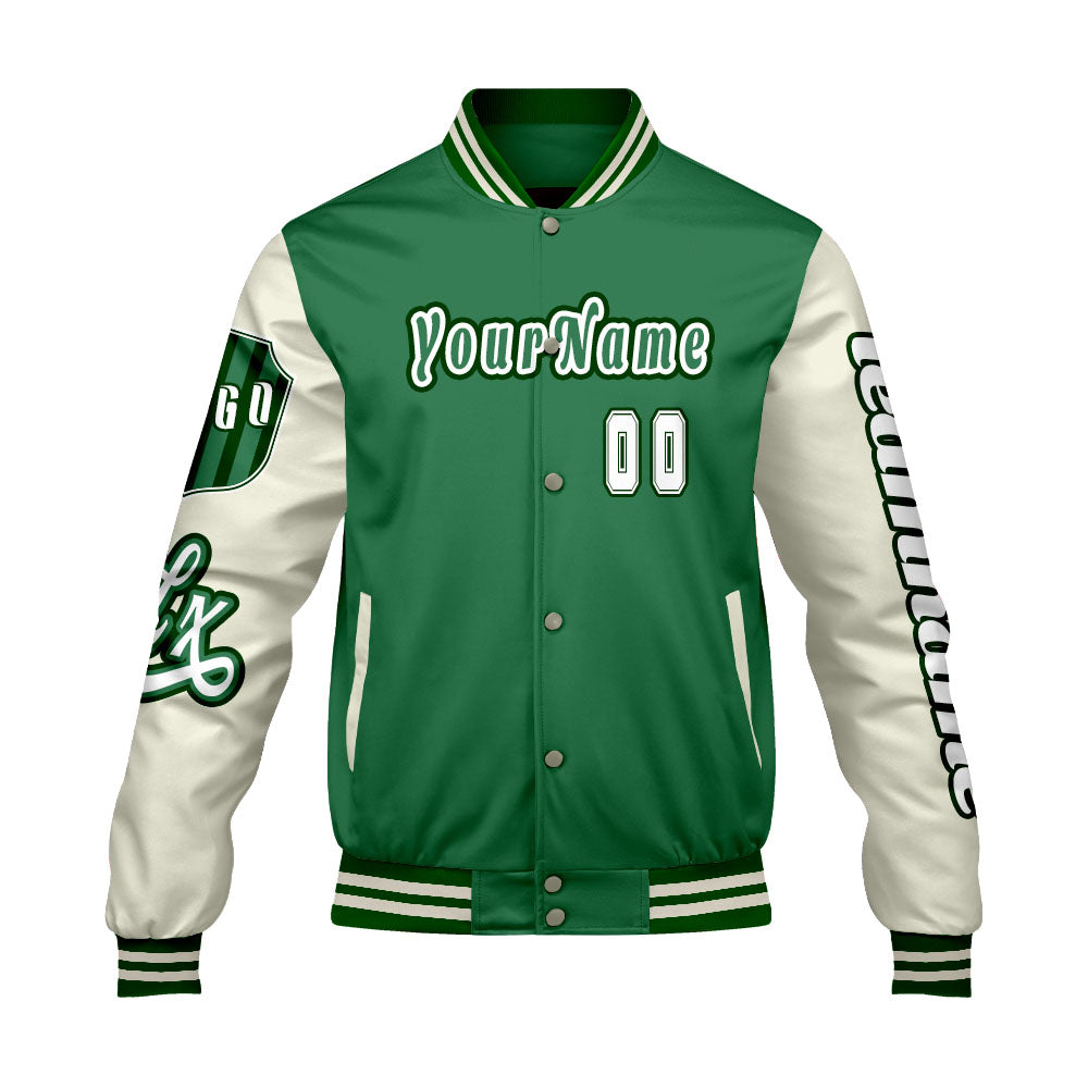 Custom Green White Letterman Varsity Jacket Personalized Embroidery Printing