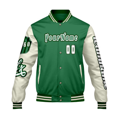 Custom Green White Letterman Varsity Jacket Personalized Embroidery Printing