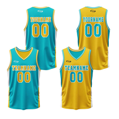 Custom Cyan Yellow Reversible Basketball Suit for Adults and Kids Personalized Jersey