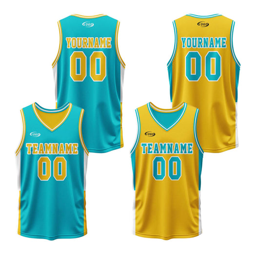 Custom Cyan Yellow Reversible Basketball Suit for Adults and Kids Personalized Jersey